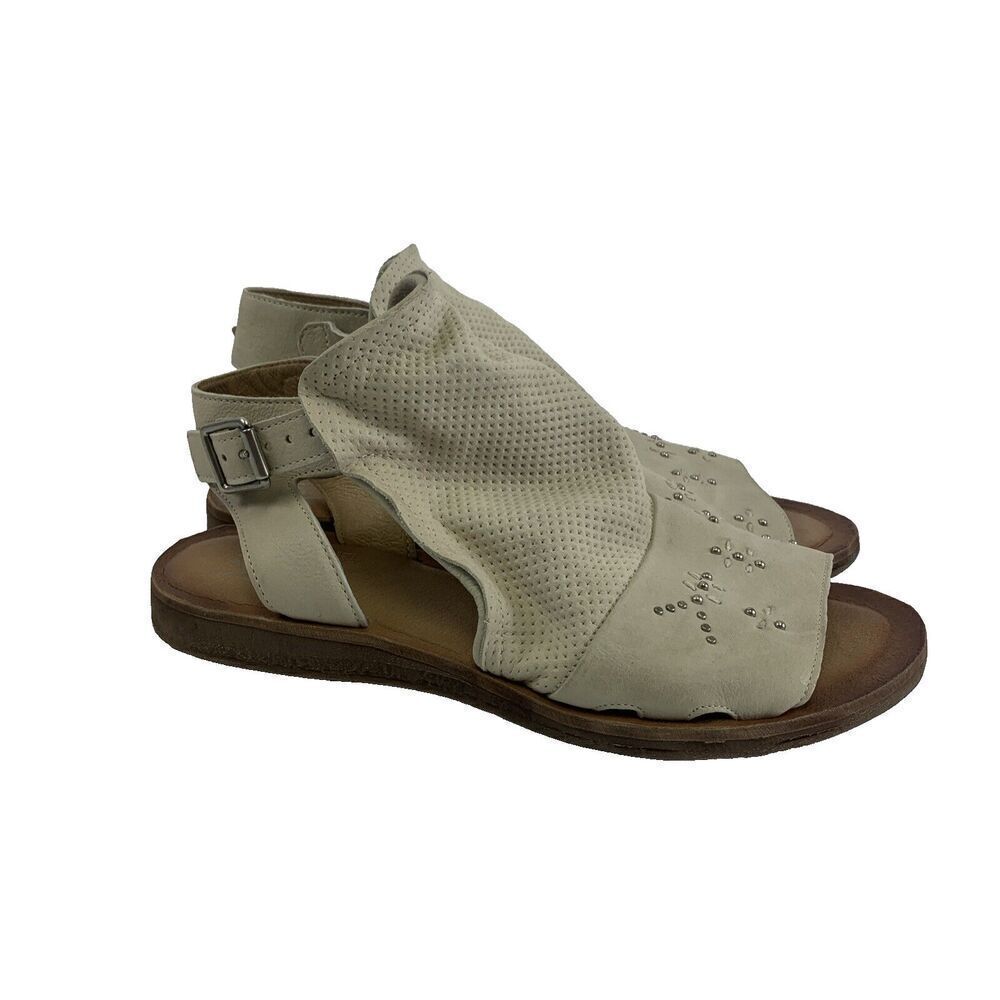 Miz Mooz Fifi Leather Ankle Strap Sandals Studs Gladiator Flat Cream 41 9.5 Wide